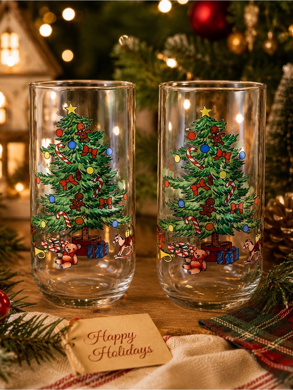 90’s Nostalgia Vintage Festive Christmas Tree Glasses Set